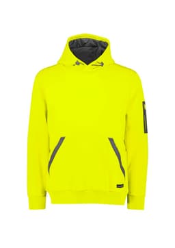 A bright yellow unisex water-resistant hoodie with a grey interior and a logo on the sleeve.