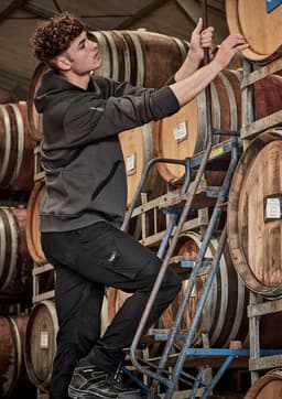 A person in a dark grey unisex water-resistant hoodie climbing a ladder among wine barrels. The hoodie has a logo.