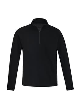 A black unisex Merino wool mid-layer pullover with a quarter-zip collar and long sleeves.