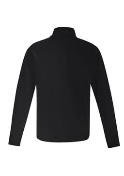 A unisex Merino wool mid-layer pullover in black with a collar and long sleeves, featuring a logo.
