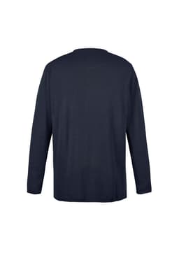 A navy unisex pullover hoodie with long sleeves and a back view. It features a logo.