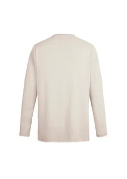 A unisex pullover in a light beige colour, featuring long sleeves and a simple design with a logo.