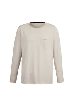 A light beige pullover with long sleeves and a pocket on the front, featuring a logo.