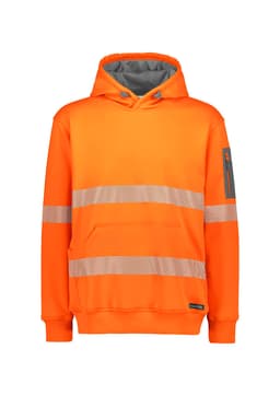 A bright orange unisex hoodie with segmented reflective tape and a front pocket. It features a logo on the sleeve.