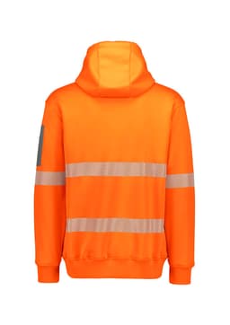 A water-resistant unisex hoodie in bright orange, featuring segmented reflective tape and a hood. It has a logo on one sleeve.