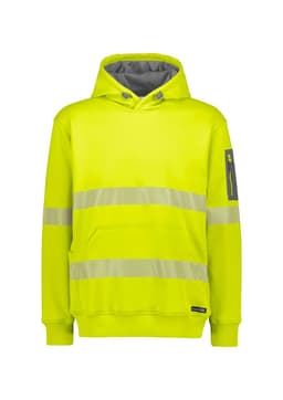 A bright yellow unisex hoodie featuring segmented reflective tape and a grey lining. Includes a logo on the sleeve.