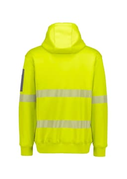 A vibrant yellow, unisex water-resistant hoodie featuring reflective segmented tape and a hood. Includes a logo.