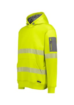 A bright yellow unisex water-resistant hoodie featuring segmented reflective tape and a zippered arm pocket.