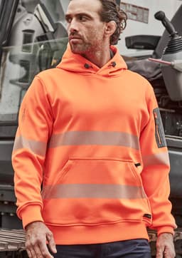 Unisex water-resistant hoodie in bright orange with segmented reflective tape and a logo on the sleeve.