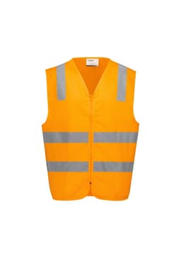 An orange unisex zip vest with reflective silver stripes, designed for safety wear, featuring a logo.