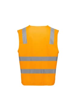 A unisex high visibility vest in bright orange with reflective silver stripes and a logo. Suitable for safety wear.