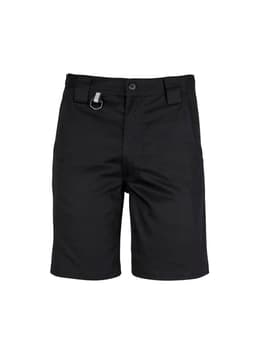 A pair of black men's plain utility shorts with a front button closure and a small attachment loop.