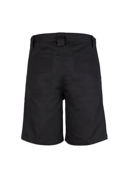 A pair of black utility shorts featuring a simple design and back pockets. The shorts have a waistband with belt loops.