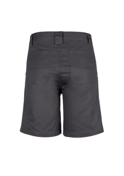Men's plain utility shorts in dark grey, featuring back pockets and a waistband. Includes a logo on the waistband.
