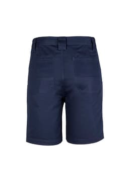 A pair of navy blue men's utility shorts featuring pockets on the back and a tailored fit.