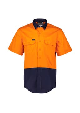 A short sleeve work shirt featuring a bright orange upper and navy blue lower with two front pockets and a logo.