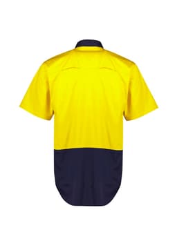 A hi-vis short sleeve shirt in bright yellow and navy, featuring a logo. Ideal for workwear applications.