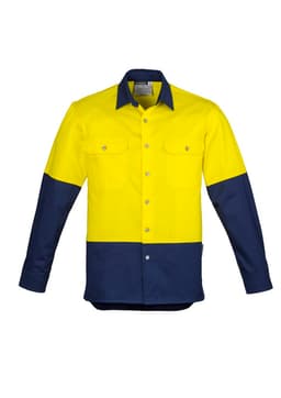 A long sleeve work shirt featuring a bright yellow upper section and navy blue sleeves and lower area. It has two chest pockets and a logo.