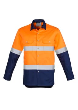 A men's long sleeve work shirt featuring orange and navy fabric with reflective hoop tape. It has a logo on it.