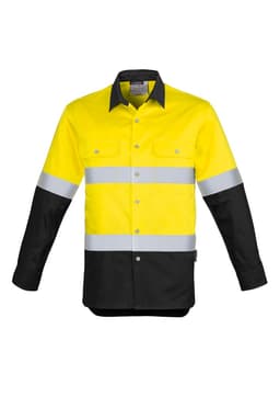 A long sleeve work shirt featuring yellow and black colours with reflective hoop tape accents and a logo.