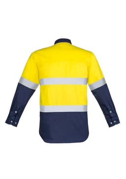 A long sleeve work shirt in bright yellow and navy, featuring hoop taping for visibility and a branded logo.