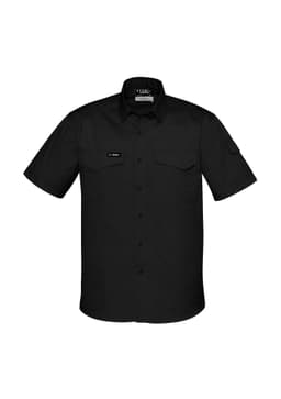 A black short sleeve shirt with a button-up front, two chest pockets, and a logo on the sleeve.