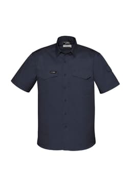 A navy short sleeve shirt with a collar, featuring two chest pockets and a logo on the side sleeve.