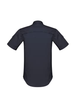 A navy blue men's short sleeve shirt featuring a straight back design and a logo.