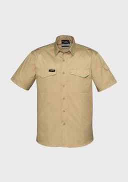 A tan short sleeve shirt featuring two chest pockets and a logo on the upper left side.