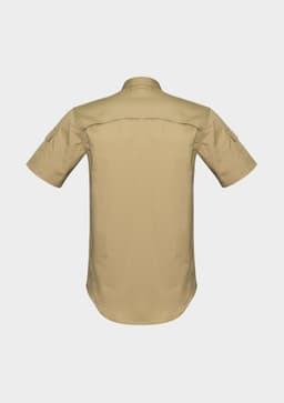 A short-sleeve shirt in a khaki colour with a straight-cut back and a logo.