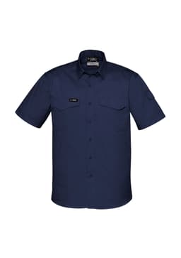 A navy blue short sleeve shirt with a collar, featuring two chest pockets and a logo on the sleeve.