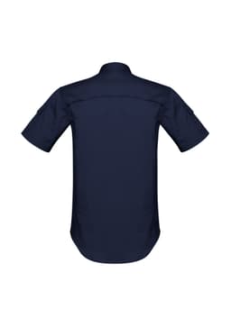 A short sleeve, navy blue men's shirt featuring a classic collar and a back yoke with a logo.
