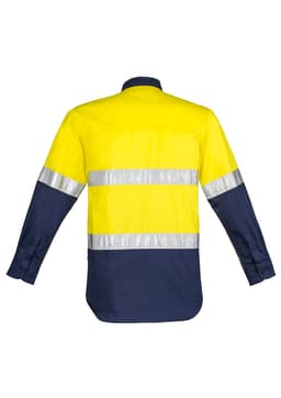 A long sleeve work shirt in yellow and navy, featuring hoop tape reflective stripes and a rear view.