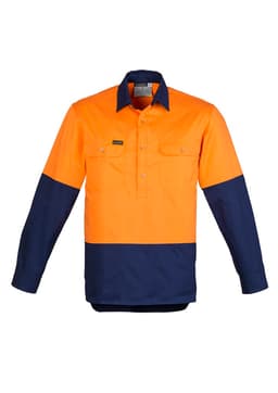 A long sleeve work shirt in orange and navy with a logo, featuring a closed front and two chest pockets.