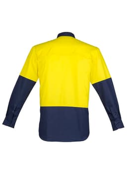 A long sleeve shirt featuring a closed front design, primarily yellow with navy blue sleeves and a logo.