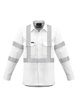 A long sleeve white work shirt with grey reflective stripes and two chest pockets, featuring a logo.