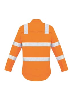 An orange long sleeve work shirt with reflective stripes across the back and arms, featuring a branding logo.