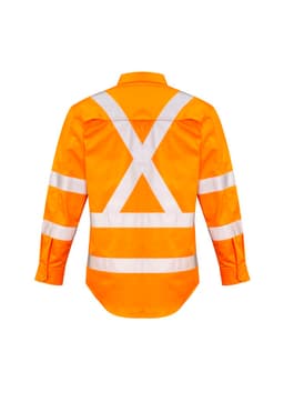 A men's long sleeve shirt in bright orange with reflective X-back taping and a logo.