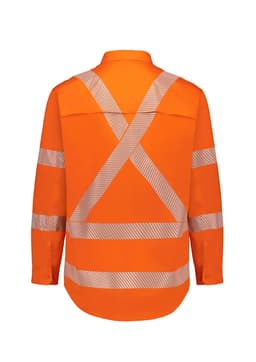 A long-sleeved men's hi-vis shirt in orange with segmented reflective tape in an X pattern on the back.