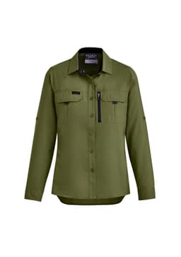 A women's long sleeve button-up shirt in olive green, featuring two front pockets and a zippered pocket, with branding.