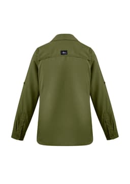 A women's outdoor long sleeve shirt in olive green, featuring button-up design and a logo on the back.
