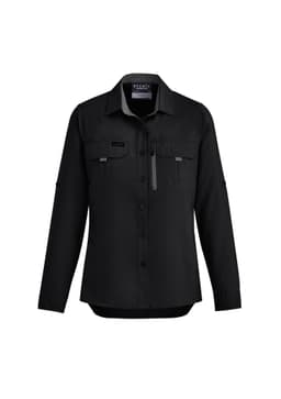 A women's long sleeve button-up shirt in black featuring two chest pockets and a zippered pocket. It has a logo on the front.