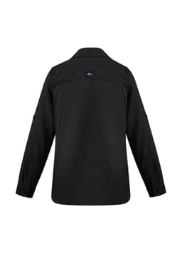 A black long sleeve button-up shirt for women, featuring a collar and a logo on the back.