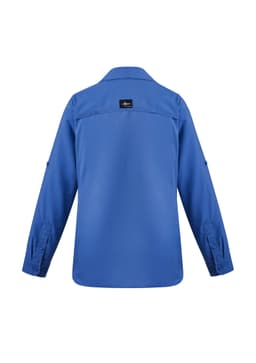 A blue long sleeve women's outdoor shirt with a button-up design and a logo on the back.