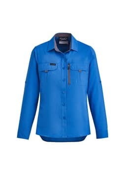 A blue women's outdoor long sleeve button-up shirt with a chest pocket and branding.