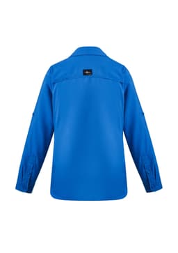 A long sleeve button-up shirt in bright blue, featuring a logo on the back.