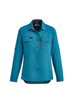 A teal long sleeve women's button-up shirt featuring side pockets and a logo on the chest.