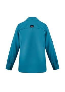 A long sleeve women's button-up shirt in teal, featuring a collar and looped sleeves. It has a logo on the back.