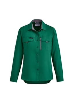 A women's long sleeve button-up shirt in green with two chest pockets and a zip pocket, featuring a logo.
