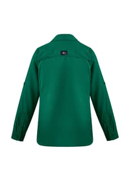 A green long sleeve women's outdoor shirt with a button-up design and a logo on the back.